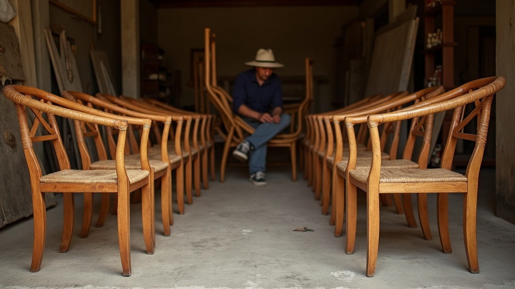 Balinese furniture workshop with rows of unfinished teak chairs and woven rattan frames in natural light